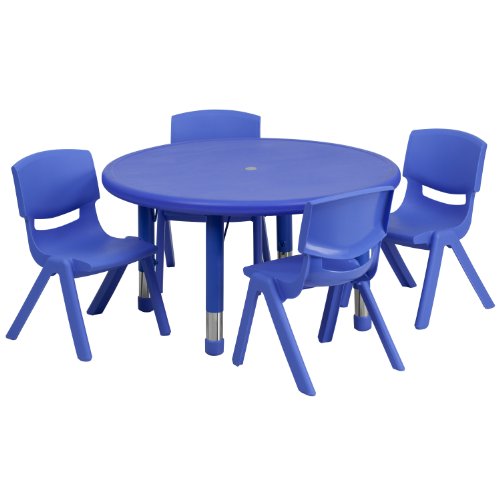 Little Fingers 45 Round Blue Plastic Height Adjustable Activity Table Set with 4 Chairs