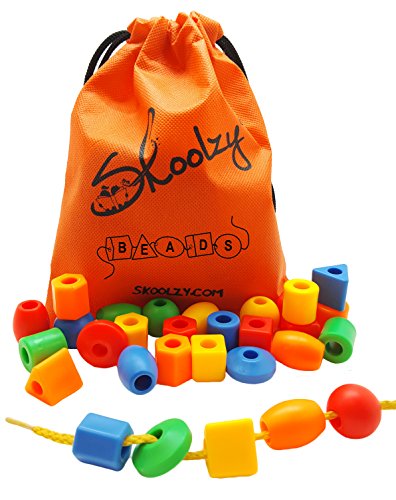 Skoolzy Preschool Lacing Beads for Kids - 30 Stringing Beads with 2 Strings Toddler Crafts with Travel Tote - Montessori Toys
